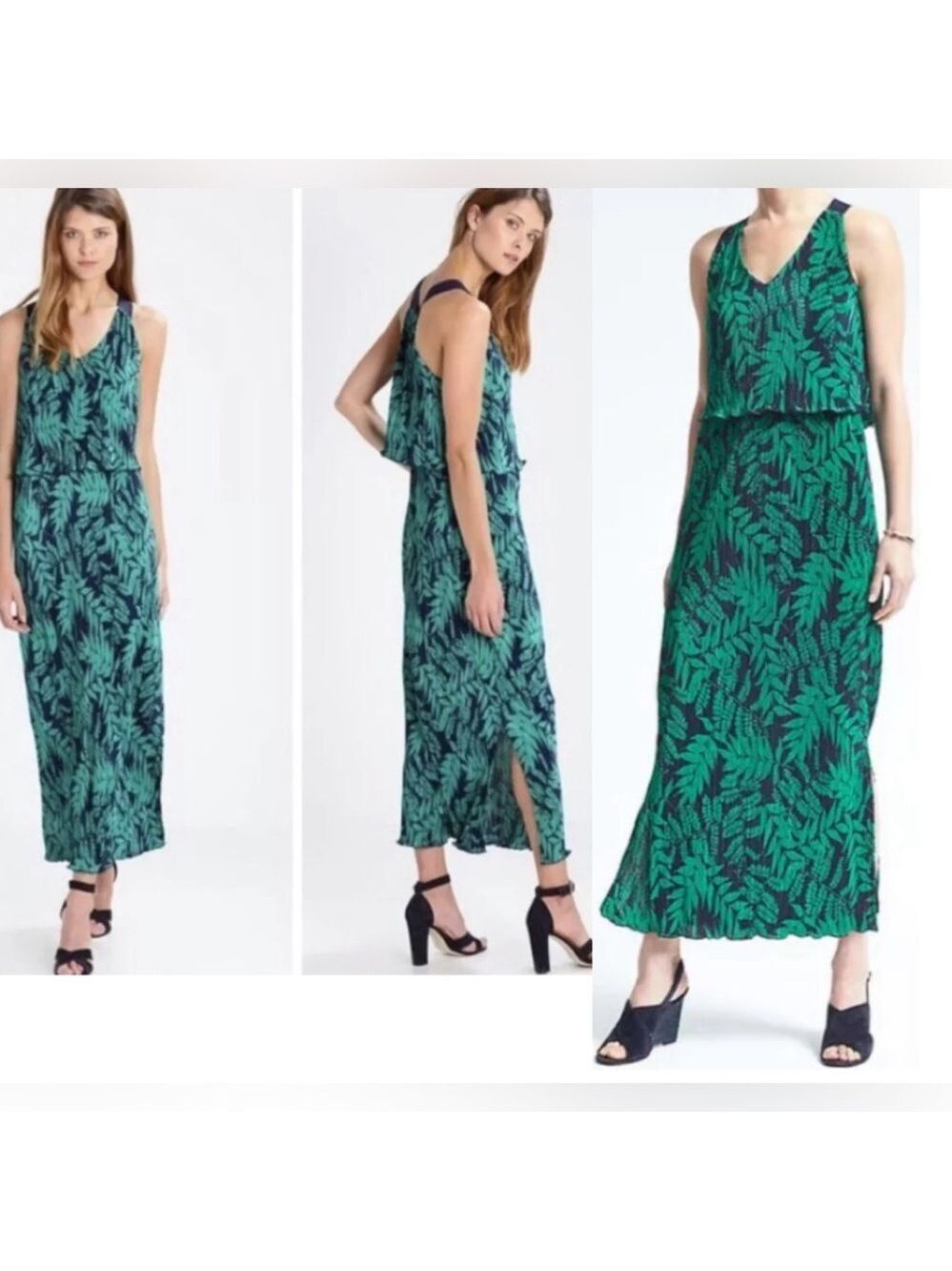 Banana Republic green navy blue Fern Print Layered Pleat Maxi Dress Sz M NWOT
